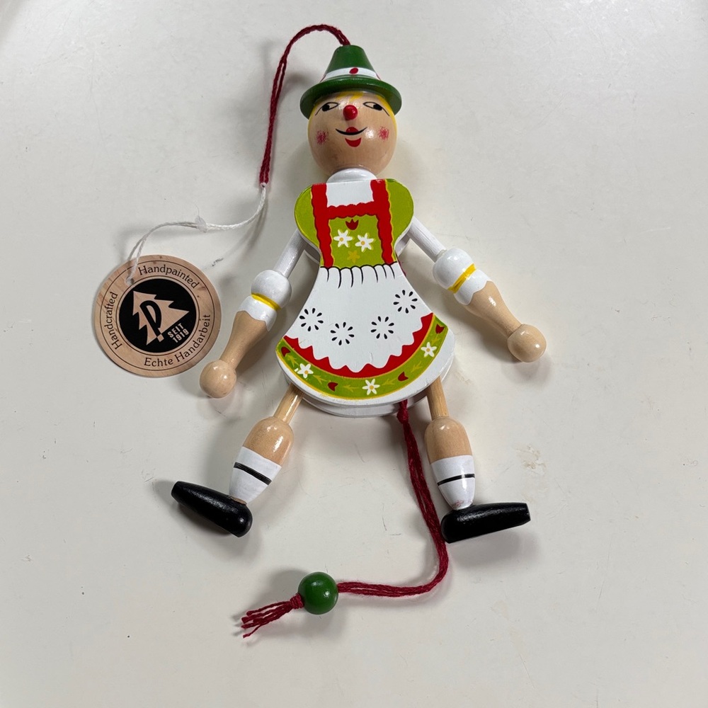 New Traditional German Handcrafted Wooden jumping jack toy pull string.